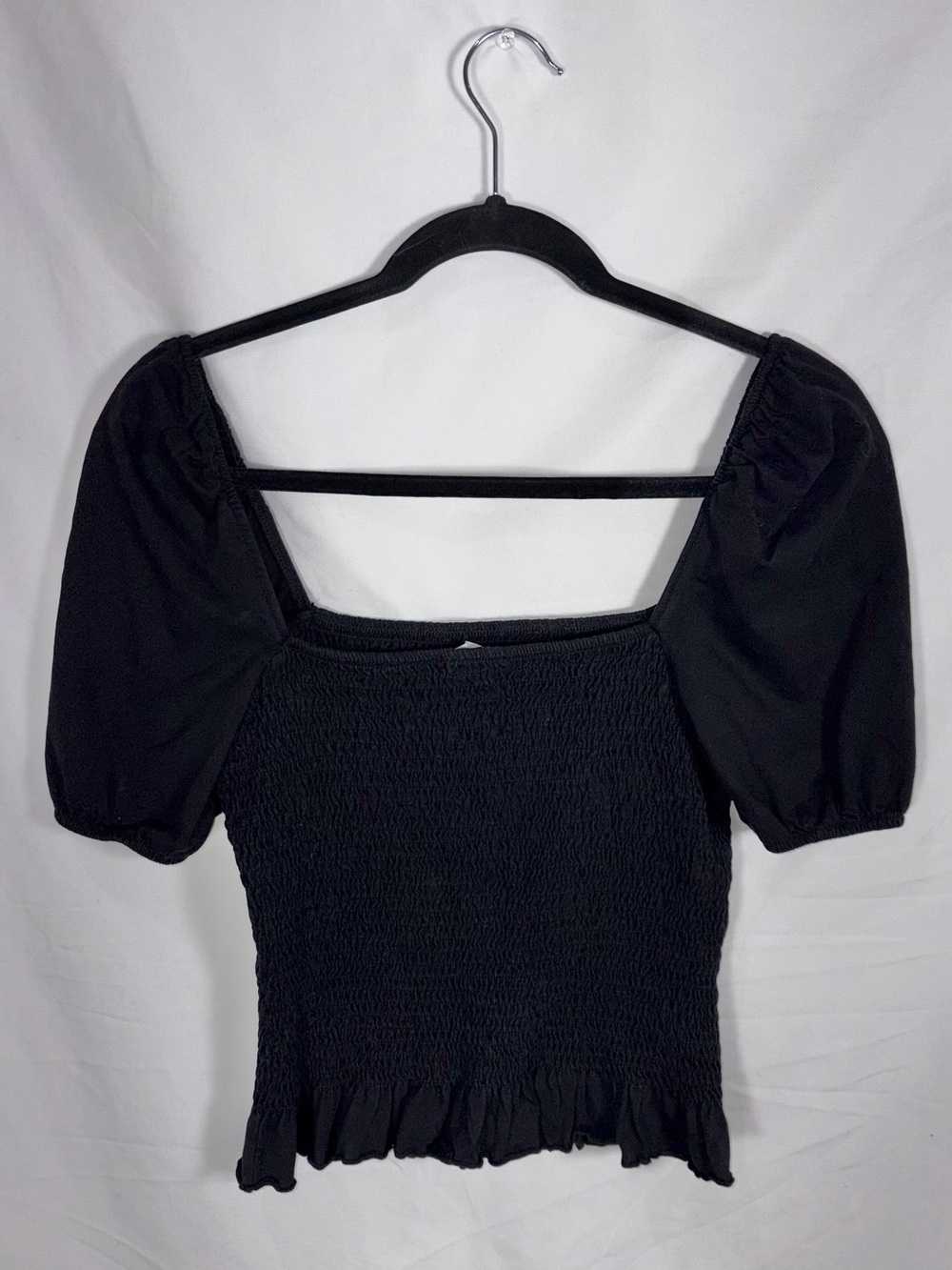 Mango Black Smocked Puff Sleeve Crop Top Blouse Size L